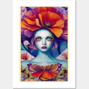 Pop surrealism painting of a pretty girl with poppy and rose girl Posters and Art